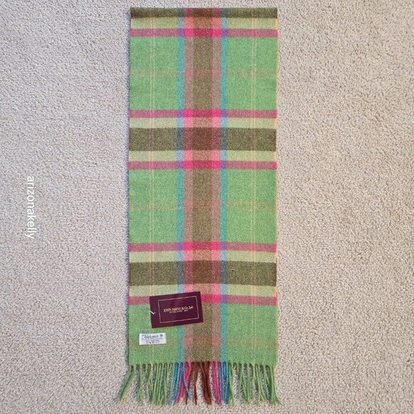 NWT John Hanly Ireland Lambswool Scarf Green & Pink Plaid - Picture 8 of 9